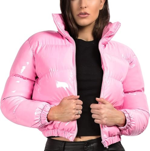 Suncadmious Piumino Corto da Donna Piumino Invernale Lucido con Zip Corta a Bolle (Rosa,XL)