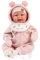 Llorens 1018480 Babypuppe Tala, mit braunen Augen und weichem Körper, Baby Puppe inkl. flauschigem rosa Winter-Outfit, Schnuller, Schnullerkette, 44 cm
