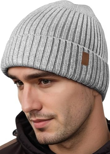 FLEERNIO Grau Wintermütze Herren Damen, Warme Mütze Herren Winter Strickmützen für Herren, Haube Herren Winter Mützen Männer, Outdoormütze Schirmmütze Skimütze Herren Geschenke für Männer Weihnachten
