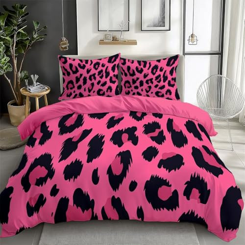 Housse de Couette 90 x 190 cm Impressions d'animaux léopard guépard Parures de Lit Enfants Polycoton Douce et Confortable Rose Rouge Housse de Couette Set avec 1 Taie d'oreiller Housse de Couette