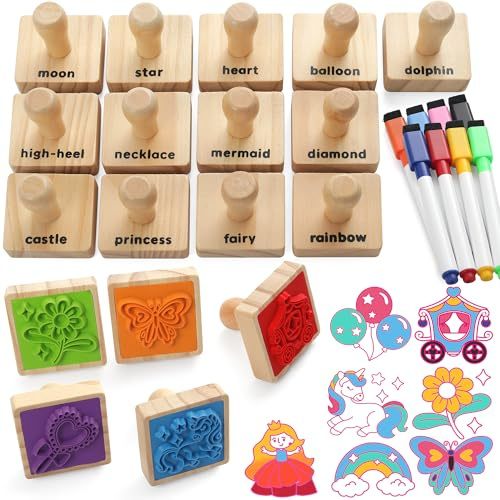 Coogam Holzstempel für Mädchen Freundschaft, 20pcs Farbform Einhorn Schmetterling Meerjungfrau Stempel Set mit Markern, DIY Kunsthandwerk Druck Stempel Partei Gunst Spielzeug Geschenk für 3 4 5 Jahre
