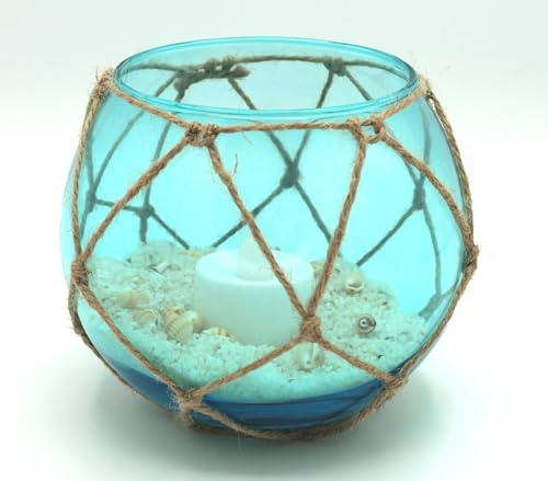 Sea-Club Fischerkugel-Teelicht Maritime Deko Glas/Sand/Muscheln H=10cm Ø=13cm meeresblau
