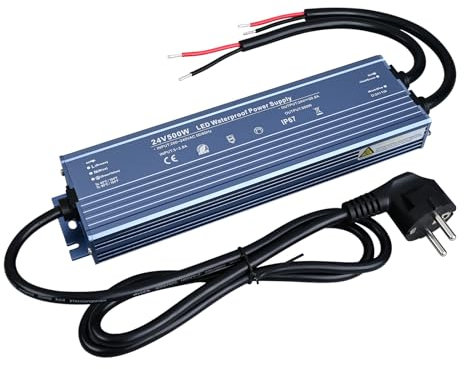 TOPAI Alimentation 24V 500W Étanche IP67 Certification CE Transformateur Bande LED AC220-240V à DC24V 20.8A avec prise électrique pour Intérieur et Extérieur Ruban LED