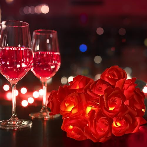 LED Rose Fairy Lights - 8 Foam Red Rose String lights |1.45m Clear Cable, Battery-Powered (2 x AA, Not Included) | Warm LED Illumination for a Cozy Atmosphere | Valentine's Day, Weddings, Home Décor