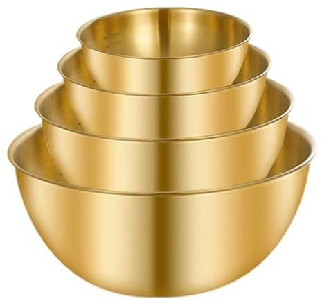 ORFCP Mixing Bowl Set of 4 Stainless Steel Bowls Set, 4 Sizes of Bowls - 0.7 L/1.2 L/ 1.8 L/2 L, Dishwasher Safe Salad Bowls, Snack Bowls, Dough Bowls, Gold