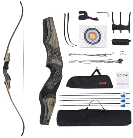 VEVOR Recurvebogen & Pfeile Set (1524 mm), Holz Takedown Bögen, Rechtshänder ergonomisches Recurvebogen-Paket, Langbogen für Outdoor-Zieltraining, Anfänger bis Fortgeschrittene, 13,61 kg