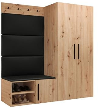 Mirjan24 Garderoben-Set Mapreni I, Schuhschrank + Kleiderhakenbrett + Kleiderschrank Gepolstertes Paneel/Wandpaneel Kleiderhaken Flurgarderobe Wandgarderobe (Artisan Eiche, Soft 011)