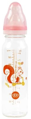 dBb Remond - Biberon Régul'Air 240 ml en Verre - Tétine NN Anticolique en Silicone Débit Régulier - Nouveau-né 0 à 4 Mois - Décor Ecureuil - Résistant Chaleur – Fabrication Française - Rose Poudré