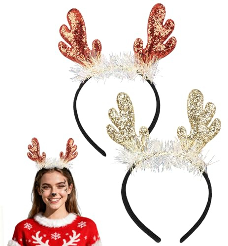 YUYWWAN Serre Tete Cerf Noel, 2 Pièces Bandeaux en Bois Renne, Mignon Accessoires Cheveux Noël Serre Tête Rennes pour Enfants Adultes Jeu de Rôle de Fête à Thème de Noël
