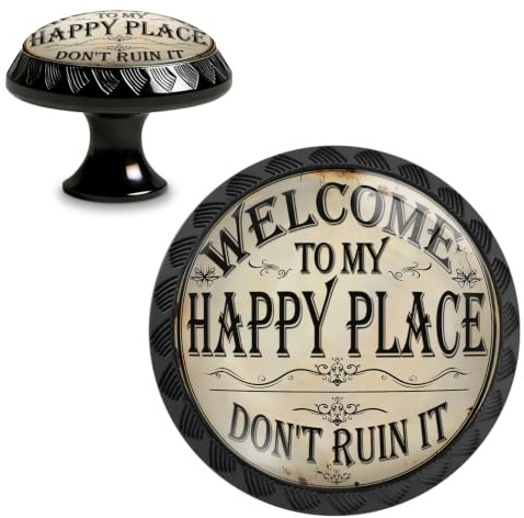 Yiruhe 4 Pack Welcome to My Happy Place Funny Kitchen Cabinet Knobs Crystal Glass Round Drawer Pulls for Dresser Cupboard Door Handles