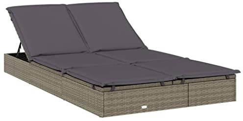 QJBSAVVA Chaise Longue 2 Places en Résine Tressée, Bain de Soleil Double avec 2 Coussins Gris Foncé, Lit de Jardin Réglable pour Extérieur Piscine Balcon, 201 x 110 cm