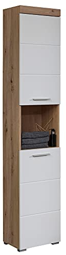 trendteam smart living - Amanda - Hochschrank - Eiche/Weiß Hochglanz - Badezimmerschrank mit 2 höhenverstellbaren Einlegeböden - (BxHxT) 37 x 190 x 31 cm - Badschrank mit 4 Fächern und Einer Ablage