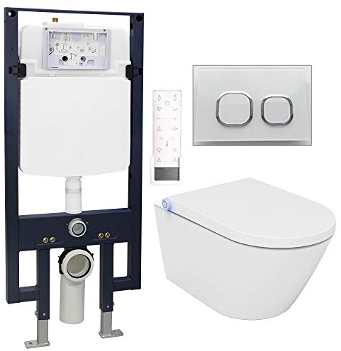 WC-Komplettpaket 18: Bernstein Dusch-WC Pro + 1102 und Soft-Close Sitz mit Vorwandelement G3008 und Betätigungsplatte vorne, Betätigungsplatte:Modell weiß Glas