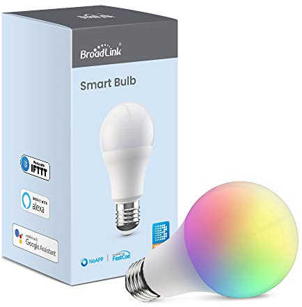BroadLink - Bombilla inteligente, 10 W RGB regulable, 800 lm, LED Wi-Fi, cambio de color, E27 A60, funciona con Alexa, Google Home, Siri e IFTTT, no requiere Hub