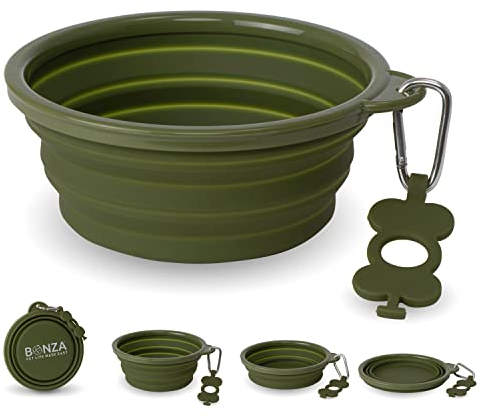Bonza Extra Large Collapsible Dog Bowl 1500 mL, Sturdy Reinforced Rim, Portable Essential Travel Accessories, w/ Carabiner, Keychain, Moss Green