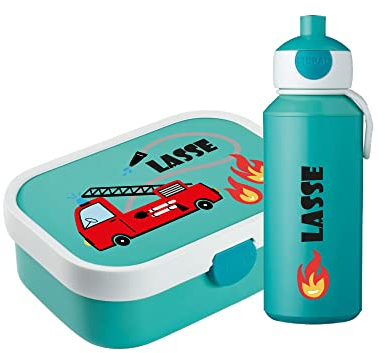 4youDesign Mepal Bento Box & Trinkflasche Set personalisiert Feuerwehrauto türkis – Geschenk für Kinder Weihnachten, Nikolaus, Geburtstag - Auslaufsicher – Brotdose 750ml, 400ml Flasche