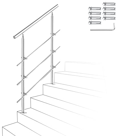 Ikodm Corrimano in acciaio inox, ringhiera per scale, 80 cm, con 3 barre trasversali e accessori, per scale, interni, balcone, ingresso di casa