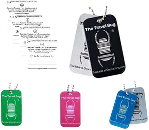 geo-Versand Geocaching TravelBug, set om 4 – paket QR ny – Glow in Dark – Travel Bug – grön blå svart rosa