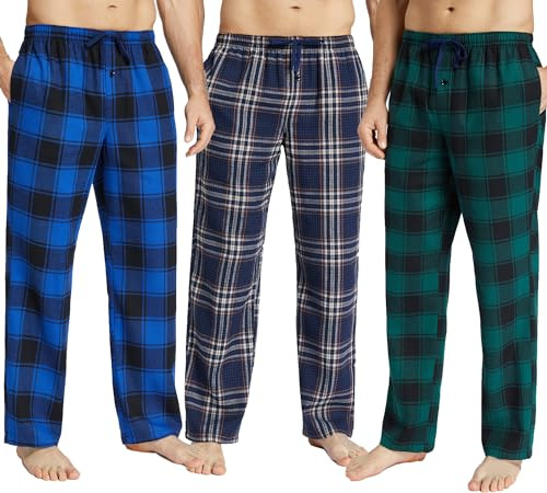 JupiterSecret Mens Pyjama Bottoms Set Flannel Plaid Sleep & Lounge Trousers | 3 Pack, S-6XL, with Button Fly, Side Pockets, Drawstring, Elasticated Waist, Loose Fit, Plush Feeling, Indoor Bottoms