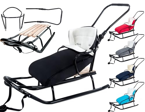 GaGaDumi Oslo Schlitten aus Metall mit Rücklehne mit Sicherheitsgurte Schubbügel und Fußsack Babyschlitten Rodel Ideal für Kinder und Erwachsene Belastung bis 120 kg Schwarz
