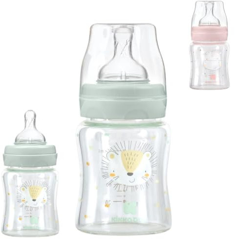 Kikkaboo Baby Glasflasche 120 ml, Weithalsöffnung, Silikonsauger Größe S, Deckel, Farbe:grün