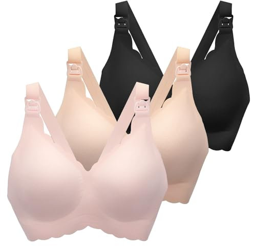 MomWills Nursing Bras for Breastfeeding, Seamless Ultra Comfort Maternity Bra, Natural Shape Pregnancy Bras for Women, 3Pack, Black/Beige/Pink, Large More
