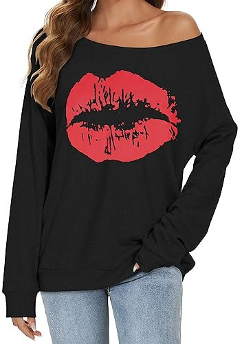 florynova Women's Casual Tops Graphic Sweater Drop Shoulder Pullover Loose Shirt Lips Print Tunic Blouse(Black Red, M)