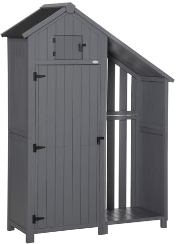 Outsunny Armoire de jardin en bois Abri de jardin Armoire à outils Cabane en bois Toit en pignon Gris+Noir 129 x 51,5 x 180 cm