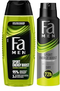 Fa Men 3in1 Körper, Haar & Gesicht Duschgel Sport Energy Boost (1x 250 ml) & Deospray (1x 150 ml) Anti-Transpirant mit dem aktivierenden Duft von Ingwer & Zitrone, 72h Stunden Schutz