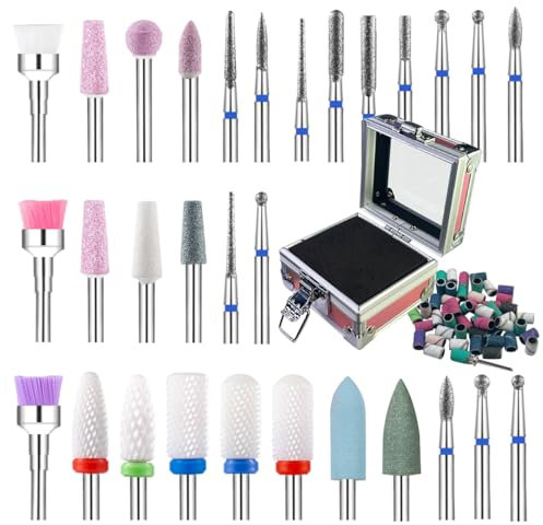 Juego de 30 brocas para uñas con elegante soporte para brocas de uñas y bandas de lijado para taladro de uñas, broca profesional de cerámica de diamante para máquinas eléctricas de uñas con interfaz