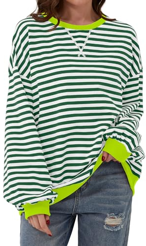 TERIVEEK Women Oversized Striped Color Block Long Sleeve Crew Neck Sweatshirt Casual Loose Pullover Y2K Shirt Top, Green White, XL