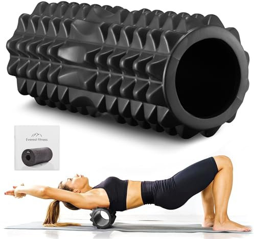 Everest Fitness Faszienrolle mit Spikes und Rille - Faszien Rolle 33cm für Rücken Wirbelsäule, Yoga Massage Rückenrolle, Fascia Roller, Schwarz