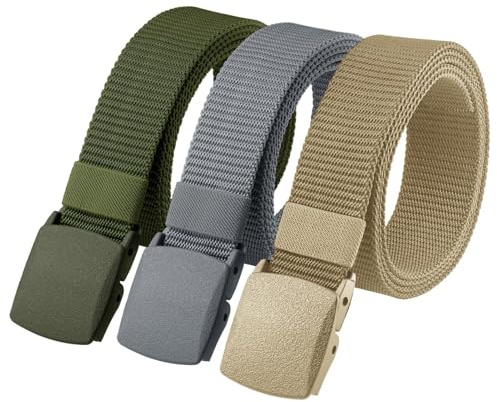 Huiguli Cinturones Hombre, 3 Piezas 150cm Cinturón Táctico Nylon | Tamaño Ajustable Cinturón Hombre con Hebilla Plástico, Cinturón Canvas sin Agujeros para Hombre