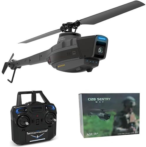 KJGVCENK C128 RC Helicopter, 2.4G 4CH Remote Control Helicopter with Camera for Adults, Single-Rotor Aileronless RC Military Aircraft Helicopter Indoor Outdoor - RTF