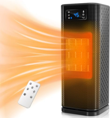 Calefactor Eléctrico 1500W, Calefactor Cerámico Portátil Bajo Consumo, 3 Modos 15-45°C Ajustable 1-12 H Temporizador y 70°Oscilación Mando a Distancia Calentamiento Rápido para Hogar Oficina Baño