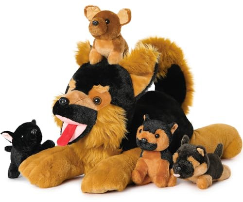 MorisMos 50cm lang riesen Schäferhund Kuscheltier mit 4 welpen im Bauch, groß Deutscher schäferhund Plüschtier Stofftier XXL, weich Plüschhund dogteddy Geschenk Kinder Baby
