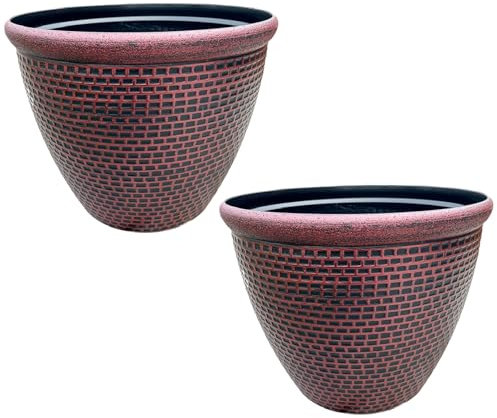 Gr8 Garden Large 36cm Plastic Round Cromarty Plant Pot Flower Planter Water Grow Tub Garden Patio Indoor Outdoor Decor (Red, Pack Of 2)