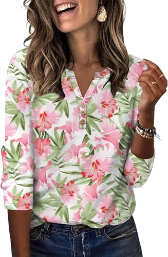 Aokosor Womens 3/4 Sleeve Tops Ladies Blouse V Neck Tunic Long Sleeve T Shirts Curved Hem Office Wear