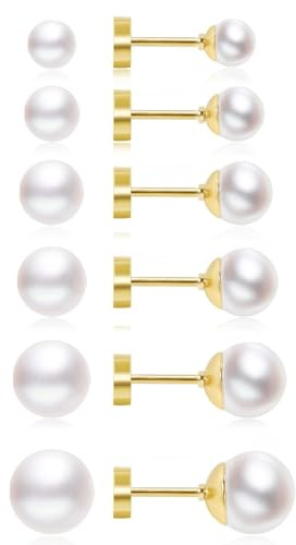 6 par pärlörhängen för kvinnor, allergivänliga, små, 3–8 mm, med vita pärlor, gyllene, med platt rygg, vattentäta, rostfritt stål, brosk-piercing, helix, smyckesset