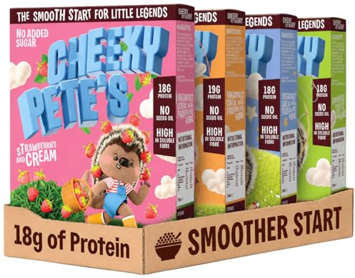 Cheeky Pete's Kids Breakfast Cereal, 4 Pack, High Protein, Low Sugar (0.7g) | 18g Protein Per Bowl, High Fibre & No Seed Oils, Banana Pancake, Coconut Chocolate, Peanut Butter & Strawberries & Cream