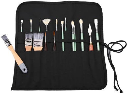 Amoyie Organiseurs pour Pinceaux de Peinture, Pochette Enroulable, Tousse de voyage de Toile pour aquarelle pinceaux, pinceaux Gouache et Huile, Noir