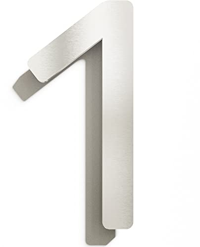 Edelstahl Hausnummer 1 - massiv, wetterfest & rostfrei - 20 cm groß - mit Befestigungsmaterial - Design Hausnummern-Schild gebürstet N-03-1-E