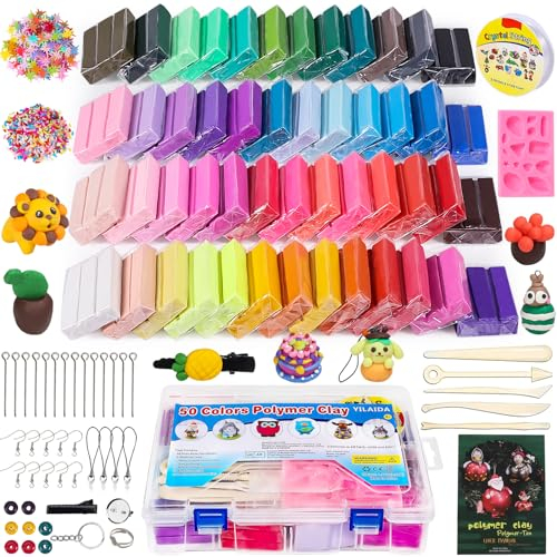YILAIDA 50 Colors Oven Bake Modeling Clay, Non-Toxic & Safe, Polymer Clay Starter Kit with Sculpting Tools, Crafts Gift for Kids/Beginners.