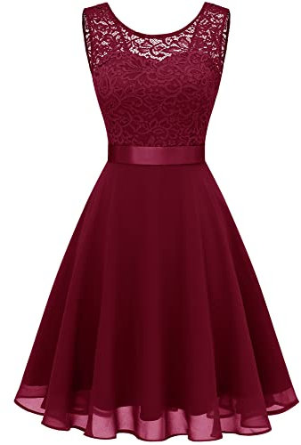 Berylove Femme Robe de Cocktail Courte Top Dentelle Jupe Mousseline Swing pour Bal Mariage BLP7005DarkRed M