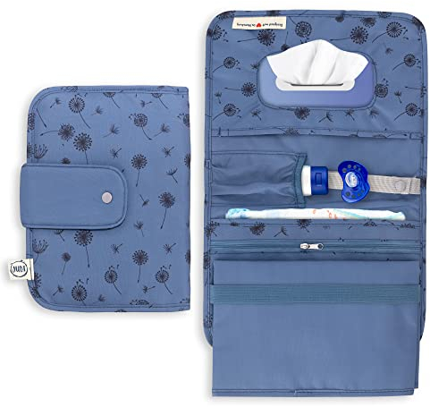 Jubi® Windeltasche mit Wickelunterlage für unterwegs mit extra viel Platz - Kleine Wickeltasche - Blau mit Pusteblumen (Klettverschluß)