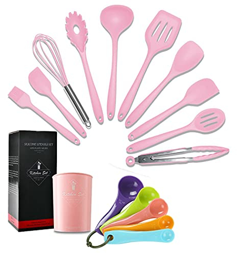 SIPLIV 16 pezzi di utensili in silicone set di utensili da cucina resistenti al calore kit di utensili da cucina facili da pulire utensili da cucina per pentole antiaderenti - rosa