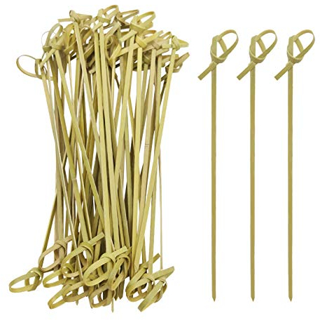 BLUE TOP Bamboo Cocktail Picks 100 PCS Bamboo Skewers 6 Inch with Looped Knot, Food Picks,Party Toothpicks for Appetizers,Cocktail Drinks,Barbecue Snacks,Club Sandwiches. (Knot Skewer 6 inch 100 PCS)