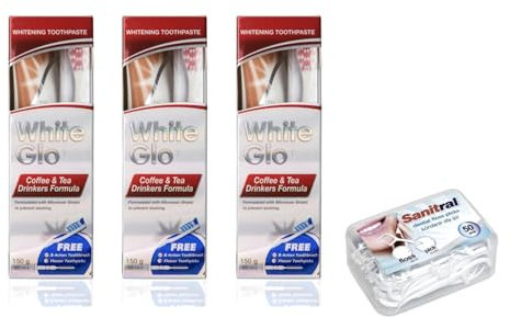 White Glo Premium Coffee & Tea Drinkers Formula Intense Extra Whitening Toothpaste & Toothbrush-100 ml (Pack of 3) with Sanitral 50 Pcs Dental Floss Stick Included as a Gift