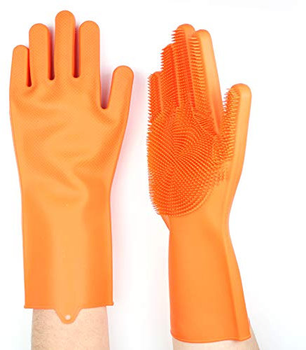 Gants Vaisselle en Silicone - Gants Menage avec Brosse de Nettoyage- Ustensile de Cuisine - Réutilisable et écologique - Pour Nettoyer la Maison, la Voiture, la Salle de Bain, les WC - Orange