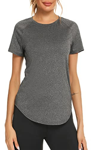 Wayleb Sports Tops for Women Crew Neck Yoga Tops Ladies Workout Running Activewear Short Sleeve Tee Shirts for Womens Dark Grey